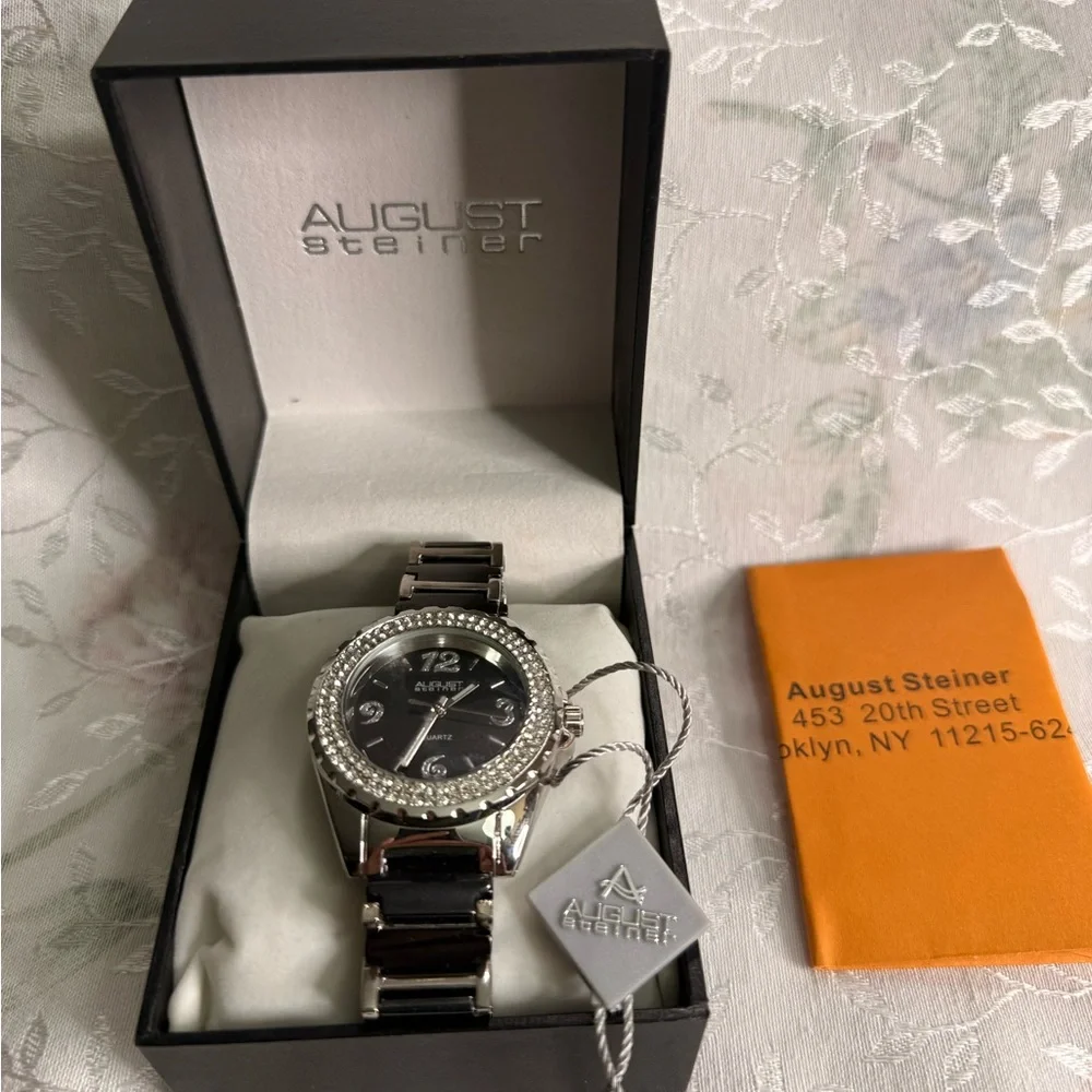 August Steiner Women's Silver and Black Crystal Watch